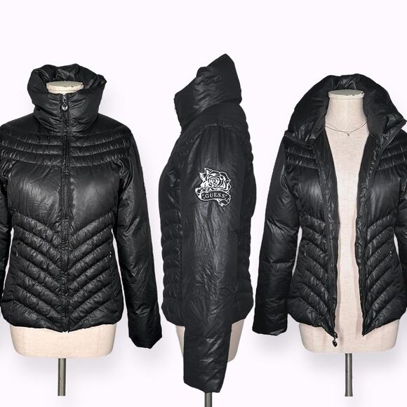 GUESS Puffer Jacket Biker Moto Down Feather Mockneck Gorpcore Chevron Black - Picture 15 of 15